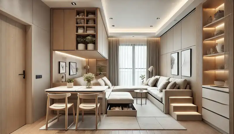 A multi functional modern apartment living room designed for small spaces