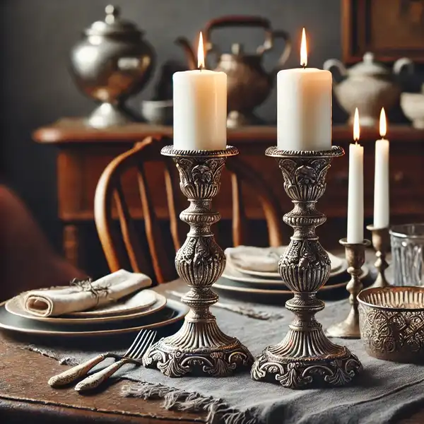 A pair of elegant silver candlesticks placed on a vintage dining table