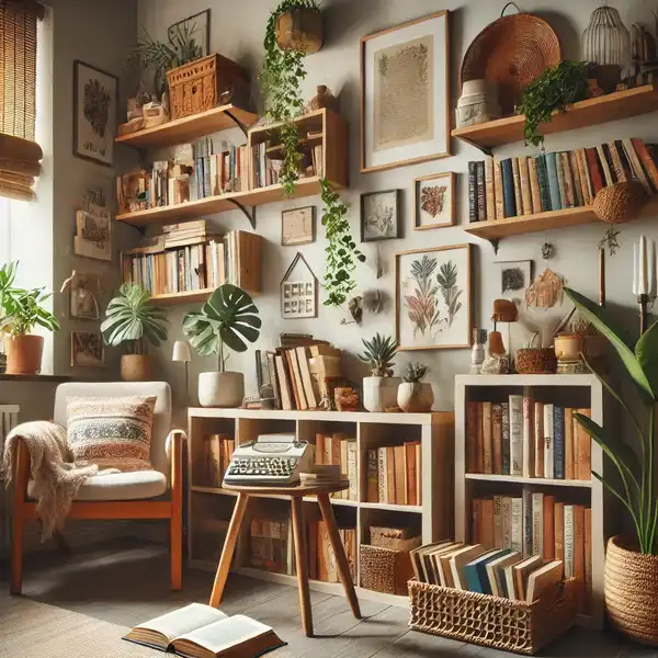 A reading nook with bookshelves full of books, some decorative items like plants, and small art pieces