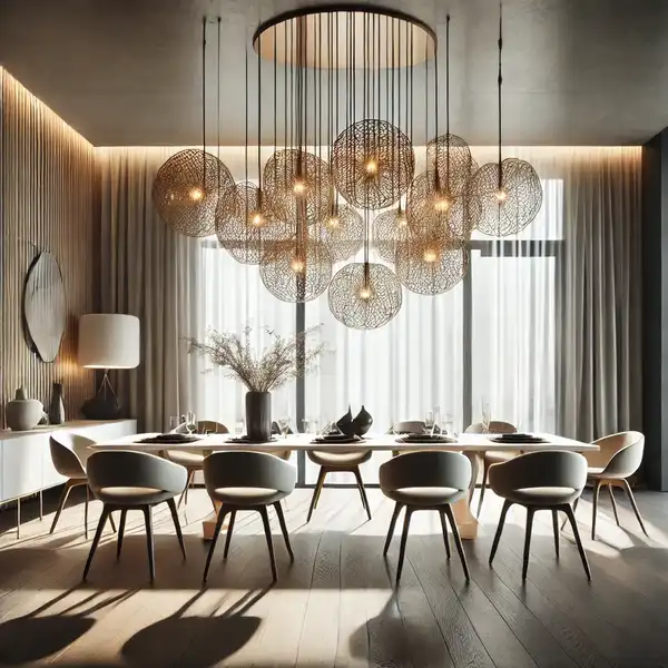 A stylish dining room featuring statement lighting with a large, sculptural chandelier hanging over the dining table