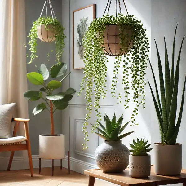 A stylish indoor plant arrangement featuring a String of Pearls plant with small bead like leaves trailing.