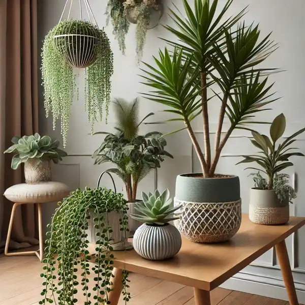 A stylish indoor plant display featuring a Jade Plant with small, thick leaves on a tabletop