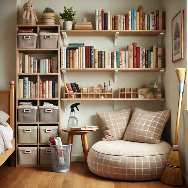 A tidy and organized cozy reading nook, with clean shelves, dust free surfaces, and books neatly arranged