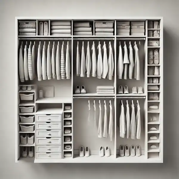 A top down view of a closet layout with a single sided storage design. One wall is lined with hanging rods, shelves, and drawers