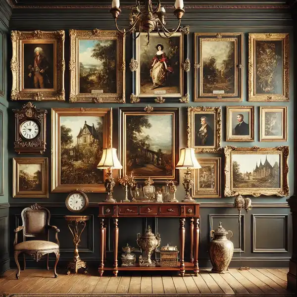 A traditional hallway with a gallery wall showcasing framed vintage artwork and classic oil paintings in ornate frames