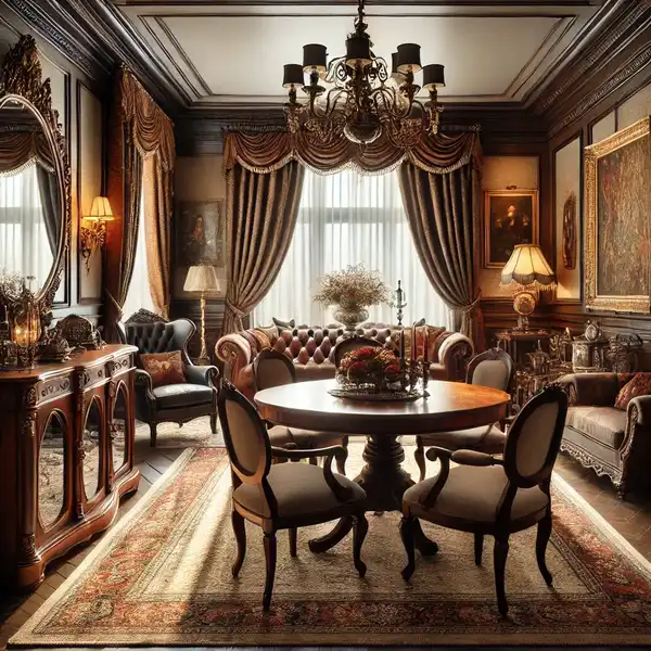 A traditional living room featuring dark polished wooden furniture, a large wooden dining table, and upholstered chairs