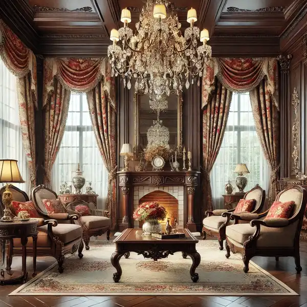 A traditional style living room with symmetrical arrangements featuring two matching armchairs, a fireplace in the center, elegant