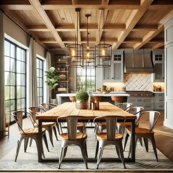 A transitional dining room featuring a natural wood dining table paired with metal chairs.