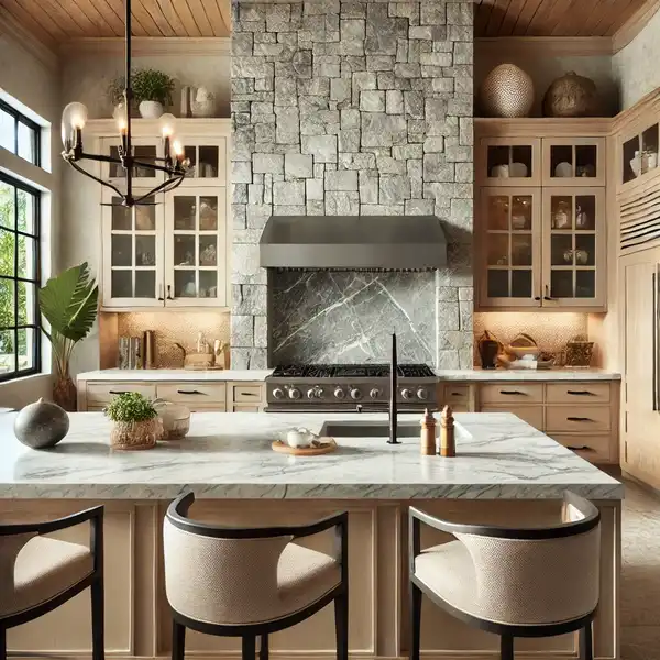 A transitional kitchen featuring natural stone accents like a marble countertop and a stone backsplash