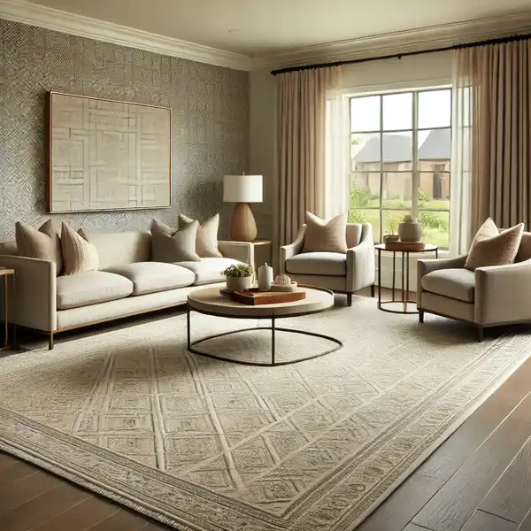 A transitional living room featuring a neutral toned area rug