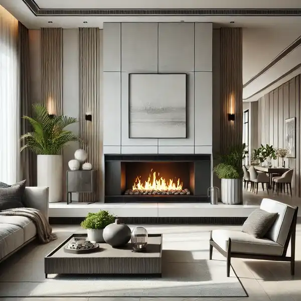 A transitional living room featuring a sleek, modern fireplace