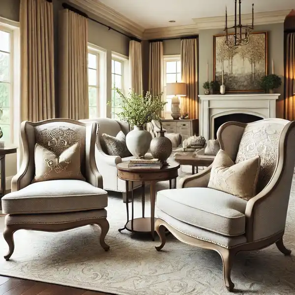 A transitional living room featuring accent chairs with traditional designs.