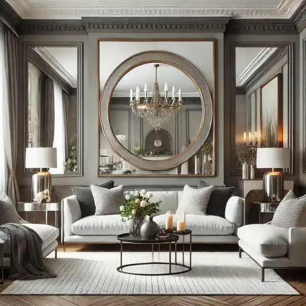 A transitional living room featuring an oversized statement mirror with a sleek, modern frame