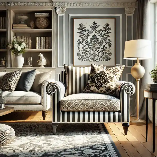 A transitional living room featuring classic patterns with a modern twist.