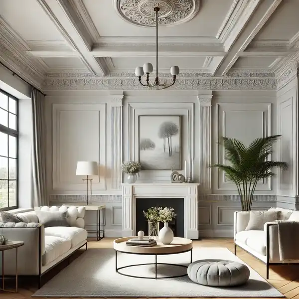 A transitional living room featuring classic trim and molding