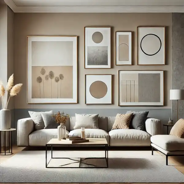 A transitional living room featuring minimalist artwork.