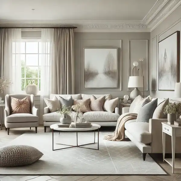 A transitional living room featuring neutral color palettes with soft whites, grays, and taupe tones