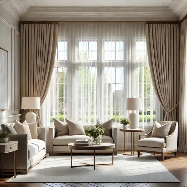 A transitional living room featuring simple window treatments