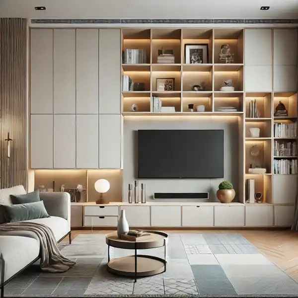 A transitional living room showcasing sleek storage solutions