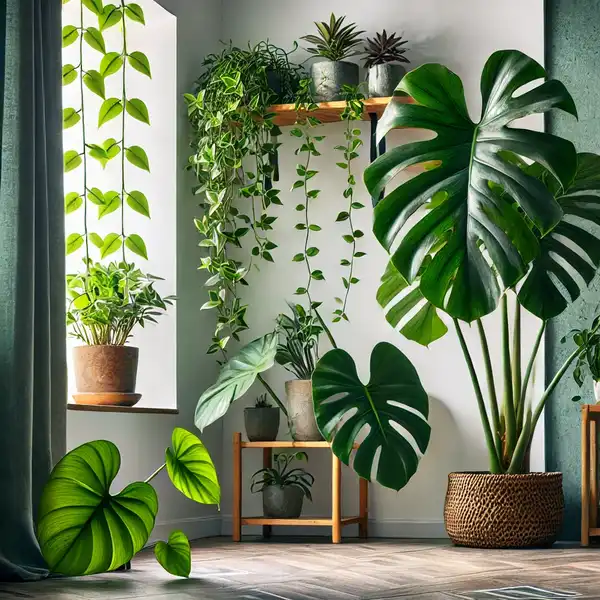 A vibrant indoor space featuring a Monstera with large split leaves