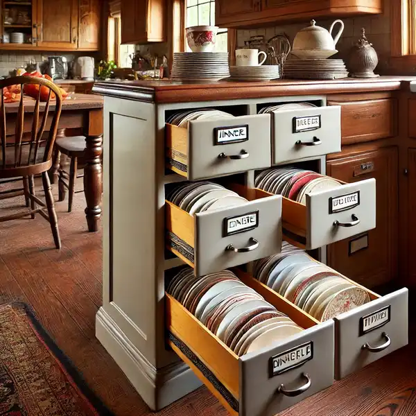 A vintage file cabinet repurposed to store dinner plates in a kitchen