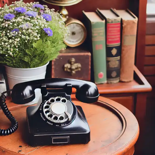 A vintage rotary phone placed on a wooden side table, surrounded by vintage decor like books and flowers