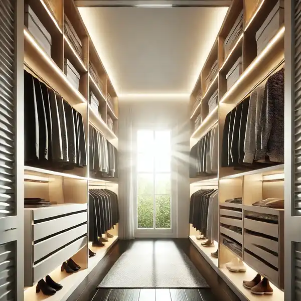 A walk in closet featuring bright overhead lighting and LED strips under the shelves, illuminating the entire space