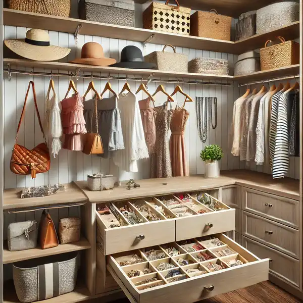 A walk in closet with special storage for accessories like handbags, hats, and jewelry