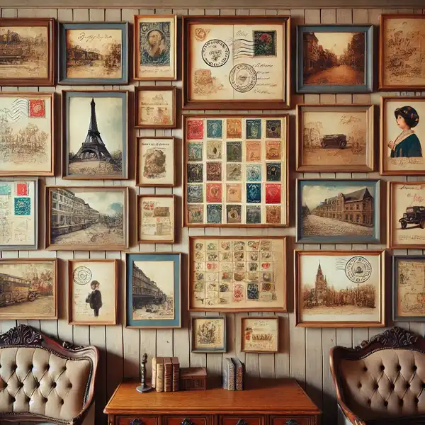 A wall decorated with framed vintage postcards, arranged in a creative collage