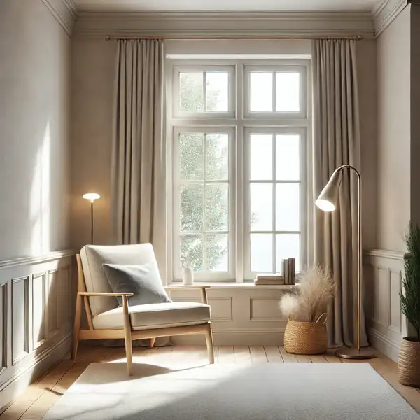 An image showing a cozy corner with a window, natural light coming in, and space for a reading chair