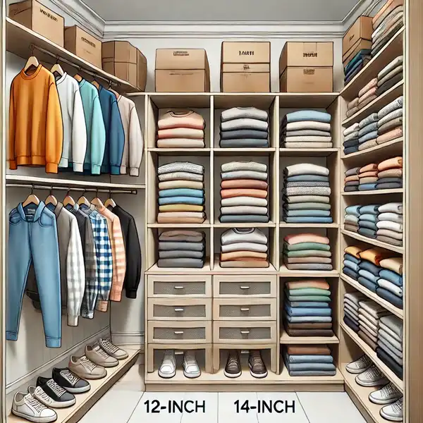 An image showing closet shelves with folded clothes. Shelves of varying depths (12 inch, 14 inch, and 18 inch) are used to store