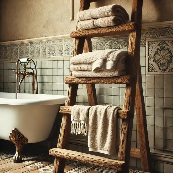 An old wooden ladder repurposed as a towel rack in a vintage bathroom