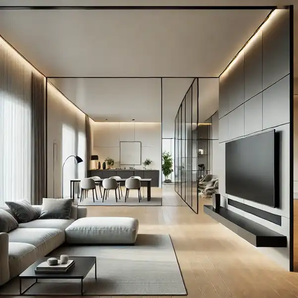 An open floor plan featuring a floating TV wall