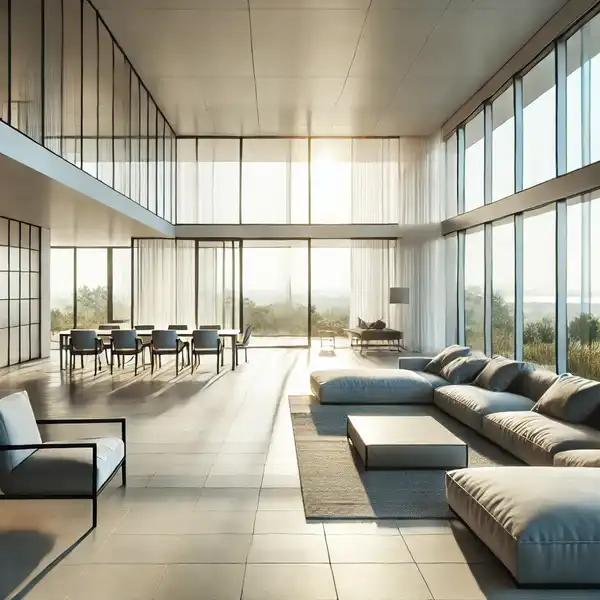 An open floor plan featuring floor to ceiling windows