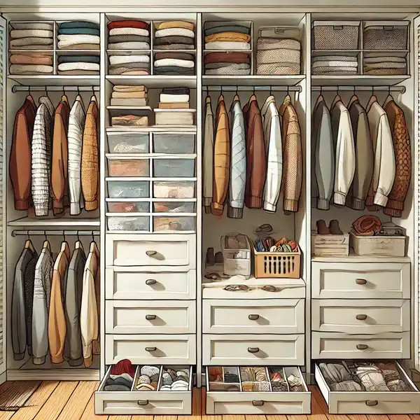 An organized closet section with drawers and cabinets