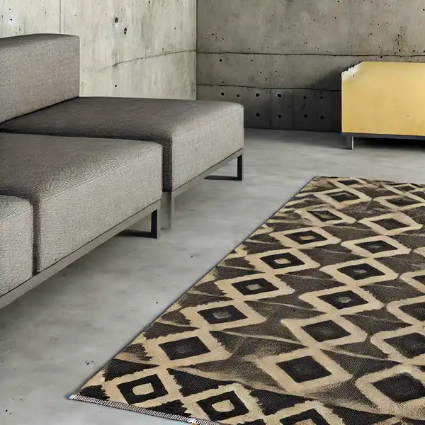 Concrete floors paired with a geometric patterned rug in a modern urban living room