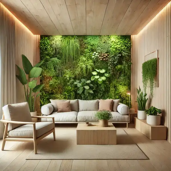 Indoor Green Wall with Plants in a Living Room