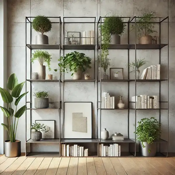 Open metal shelves displaying plants and books, adding style and functionality to the space