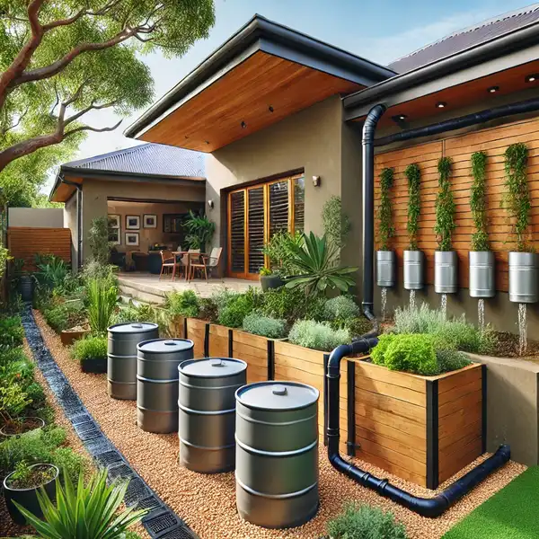 Rainwater Collection System in a Backyard