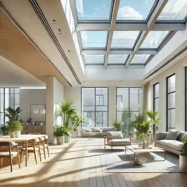 Skylight and Large Windows in an Open Plan Living Space