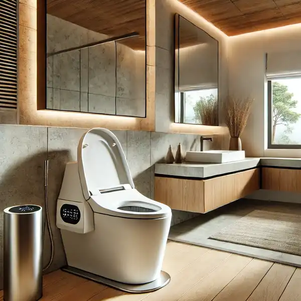 2. A modern bathroom with an eco-friendly bidet, featuring heated seats and an air dryer