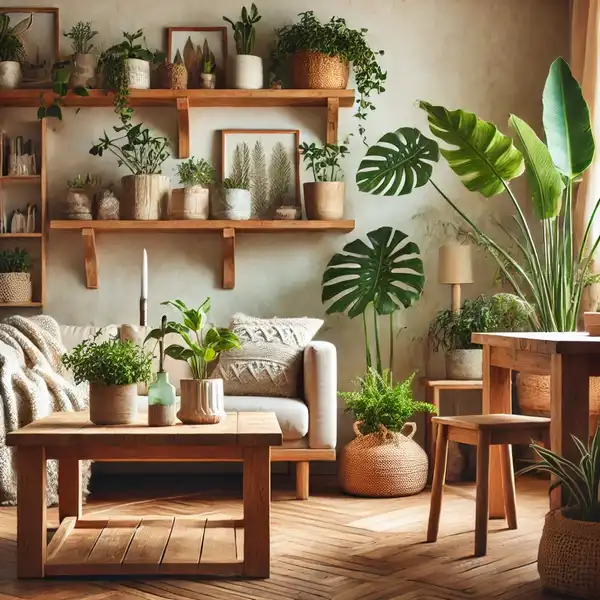 A cozy living room with natural elements, including wooden furniture and houseplants