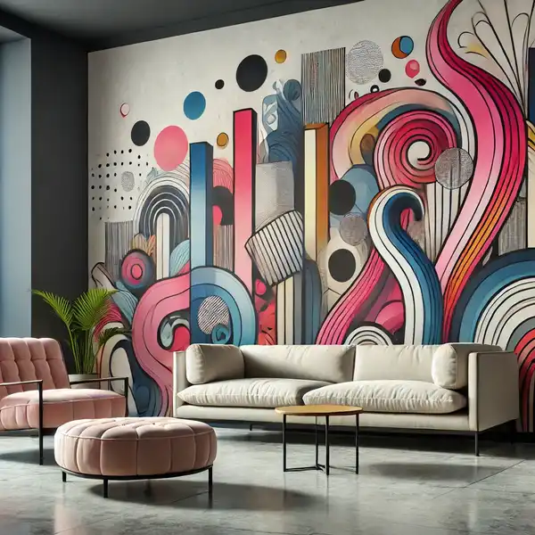 A chic living room featuring a bold, artistic wall mural with vibrant colors and abstract shapes