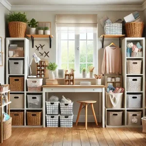 A clean and organized small room with shelves, baskets, and bins neatly storing items.