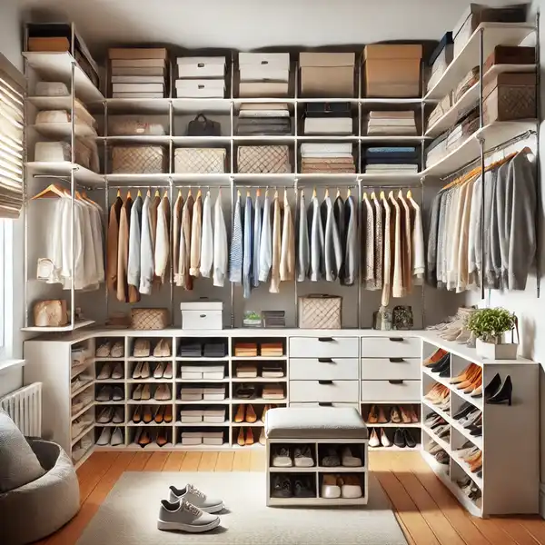 A clean, organized walk in closet with clothes, shoes, bags, and accessories neatly arranged