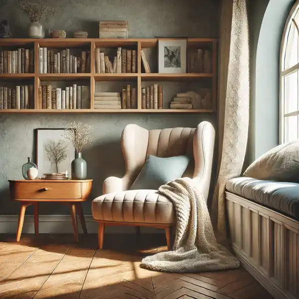 A comfortable reading chair in a cozy nook, showing options like a wingback chair, chaise lounge, or window seat