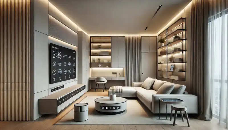 A modern apartment living room with smart furniture including adjustable lighting, built in charging stations