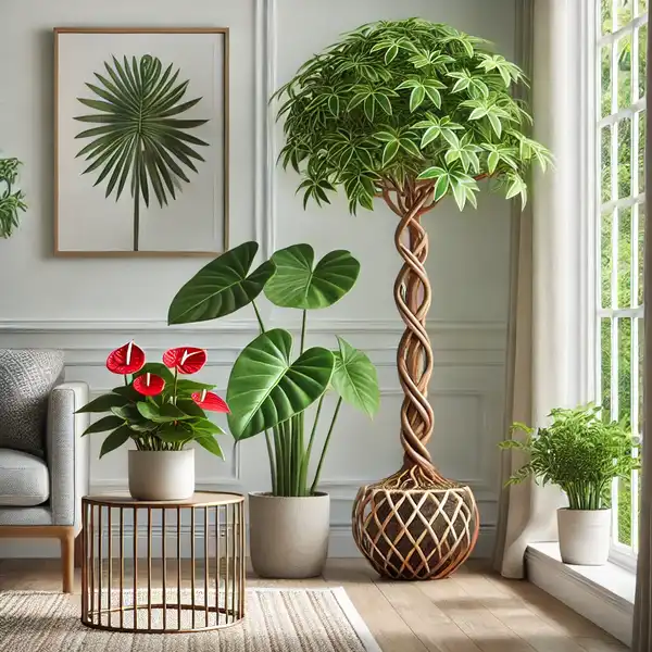 Indoor Plant Decor Ideas - A modern indoor setting featuring a Money Tree with a braided trunk in the corner