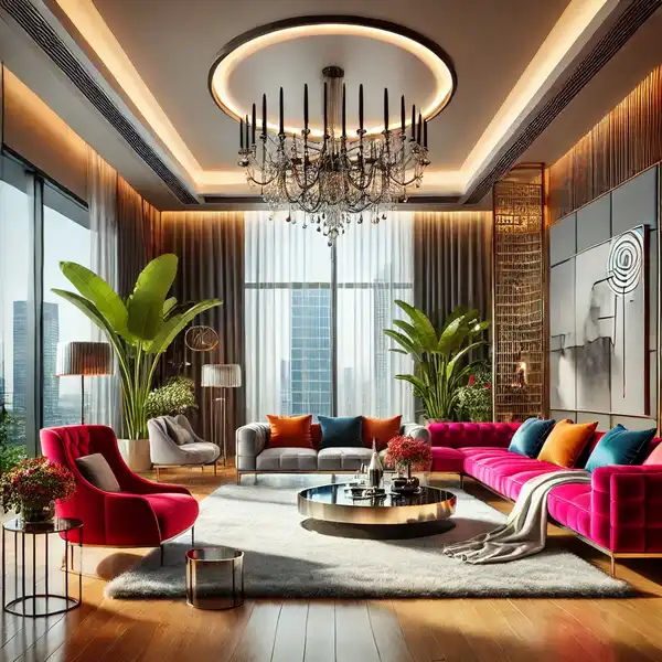 A modern luxury living room featuring bold accent pieces such as a bright, colorful sofa