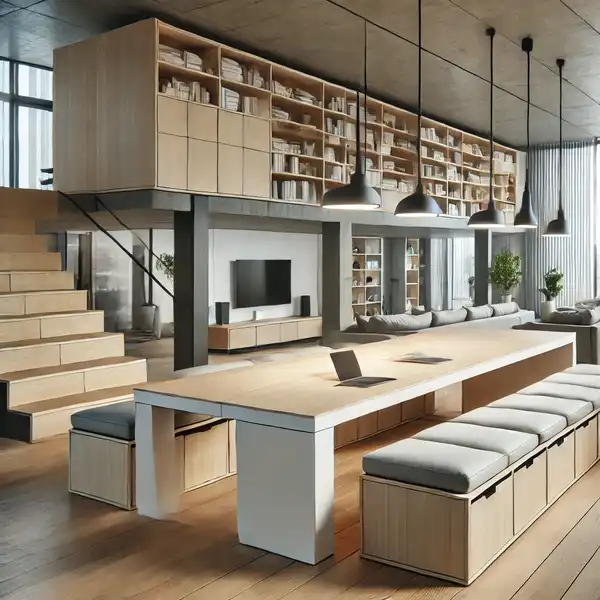 A modern open floor plan featuring large multipurpose furniture